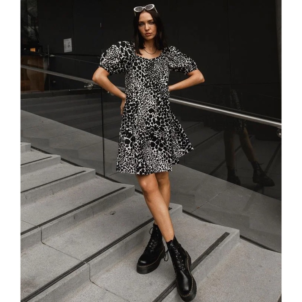 Black White Animal Print Tent Tiered Mini Dress